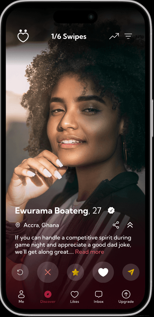 Preview of Fynd Mee's discovery screen, showing a profile in Accra